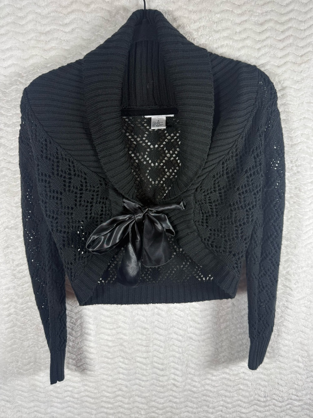 Pout Black Cropped Openwork Shawl-Collar Sweater with Satin Bow